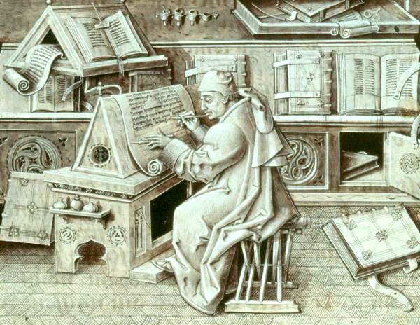 A medieval scribe at work in a scriptorium